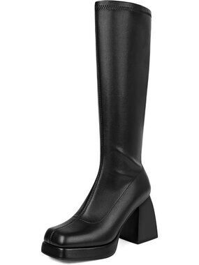 Womens Matte Black Leather Platform Side Zip Square Toe Chunky Block Heeled Boot